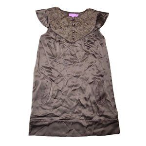 Christine Celle Calypso Women XS Brown Gold Thread Mini 100% Silk Dress Pocket
